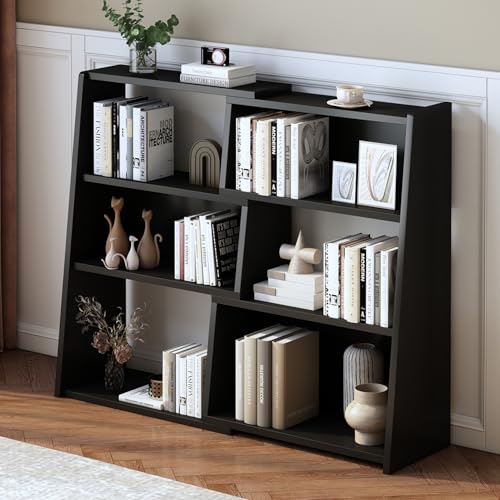 IOTXY Wooden Extendable Shelf Bookcase, 3-Tier Low Bookshelf, Black, S | Adjustable Two-piece Design, 6 Open Cubbies, Extends 23.6"-43.3" for Straight Walls, Corners, and Small Spaces - color: Black, size: Small