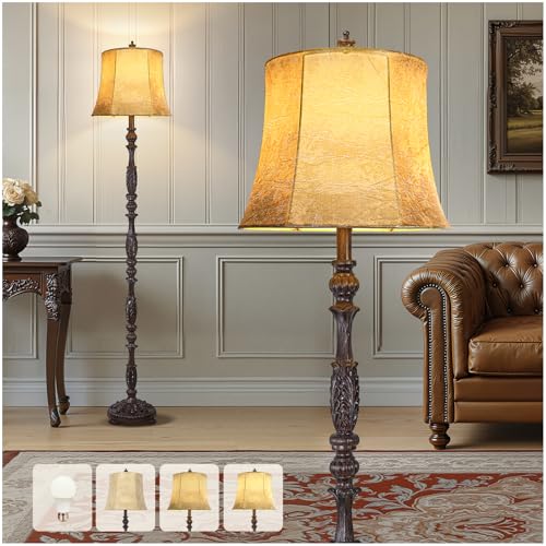 Scenekoy Vintage 66” Tall Floor Lamp for Living Room Bedroom, Dark Brown | Resin Carved Standing Lamp with Faux Leather Shade, 3-Way Adjustable Bulb, Rotary Switch Rustic Corner Light for Home Decor - color: Dark Brown