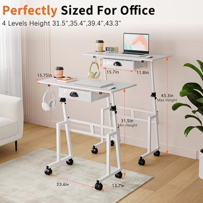 Honkazita Height Adjustable Standing Desk with Storage Drawer, White | Rolling Desk for Treadmill Walking Pad, Small Sit-Stand Desk with Lockable Wheels, Height Range 31.5"-43.3", Stable Design - color: White