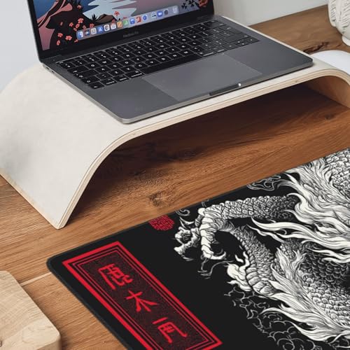 Large Gaming Mouse Pad with Dragon Design, Non-Slip, 35.4" x 15.7", Black and Red Japanese Style Desk Mat - color: Dragon