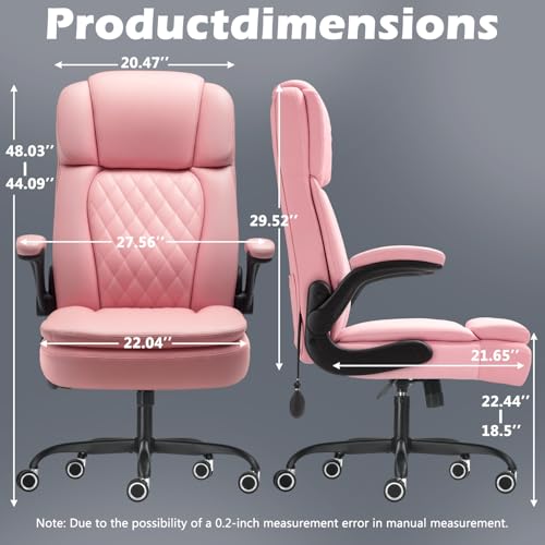 450 LBS Big and Tall Executive Office Chair with Flip up Arm, Heavy Duty Leather Computer Desk Chair,Comfortable High Back Swivel Home Office Chair with Rolling for Adults (Pink) - color: Pink