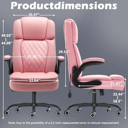 450 LBS Big and Tall Executive Office Chair with Flip up Arm, Heavy Duty Leather Computer Desk Chair,Comfortable High Back Swivel Home Office Chair with Rolling for Adults (Pink) - color: Pink