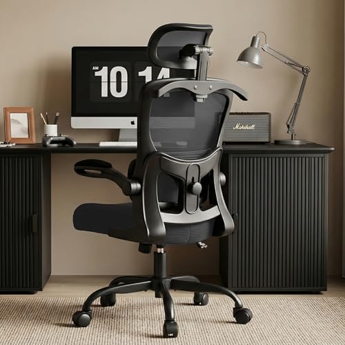 Office Chair Ergonomic Desk Chairs with Adjustable Lumbar Support& Headrest Hanger, High Back Breathable Mesh Chair with Wheels, Rolling Swivel Comfy Task Computer Chair for Home Work Gaming - color: Dark Gray