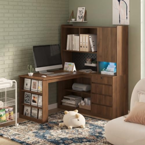 RuiSiSi L Shaped Computer Office Desk with Hutch and Drawers, Corner Gaming Desk with Power Outlets & LED for Home Office, Wood - color: Wood, size: 46.06"L x 55.90"W x 62.79"H