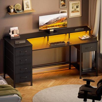Korfile 55 Inch Gaming Computer Desk with Power Outlets,LED,5 Drawers,Black - color: Black, size: 55 Inch