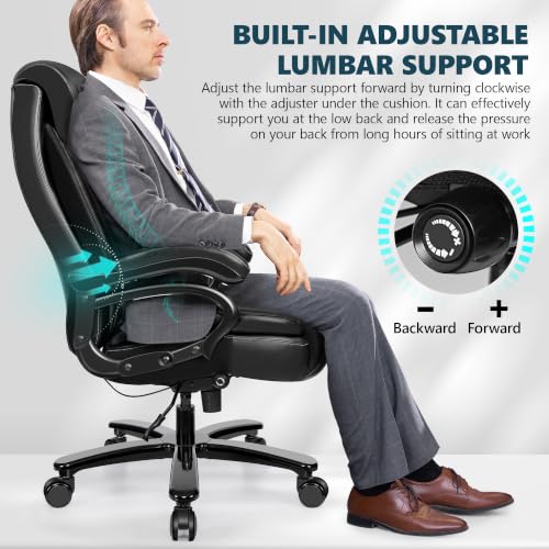 Big and Tall 500lbs Office Chair,Heavy Duty Large PU Leather Executive Desk Chair with Wide Seat, Adjustbale Ergonomic Lumbar Support High Back Rocking Computer Chair for Heavy People - color: Black