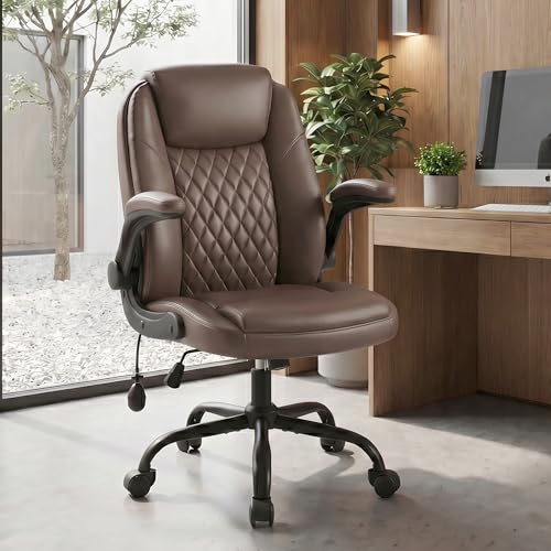 MALOL Leather Office Chair, Home Desk Chair with Flip-up Arms, Brown - color: Brown-new, size: Set of 1