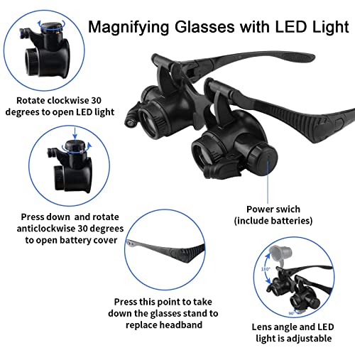 Magnifying Glasses with LED Light, LXIANGN Jeweler Loupe Watch Repair Magnifier with 8 Interchangeable Lens-2.5X 4X 6X 8X 10x 15x 20x 25x for Close Work,Not for Reading - color: 2.5x/4x/6x/8x/10x/15x/20x/25x