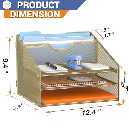 GAWERK Letter Tray Organizer, Mesh Desk File Organizer with 3 Paper Trays and 2 Vertical Upright Section (Gold) - color: Gold