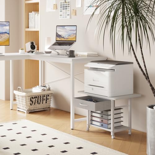 YAOHUOO 22"x15" Large Printer Stand with Drawer, 2-Tier Rolling Table Cart - color: White, size: 2-Tier
