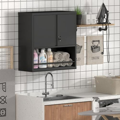Metal Garage Storage Cabinets, Lockable Black Cabinet, Tool Cabinets Storage Wall Mounted, Hanging Cabinet with Guard Bar for Home Office, Basement - color: 30.7"h - Black