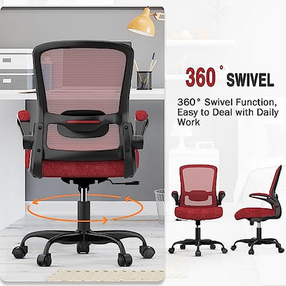 Ergonomic Office Chair w/Adjustable Lumbar, Flip Armrest, 135° Recline - color: Red, Carmine Roses