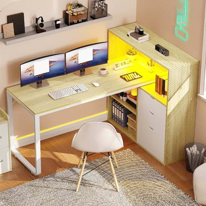 YITAHOME 55" L Shaped Corner Computer Desk with Drawers & Power, White Oak - color: White & Oak