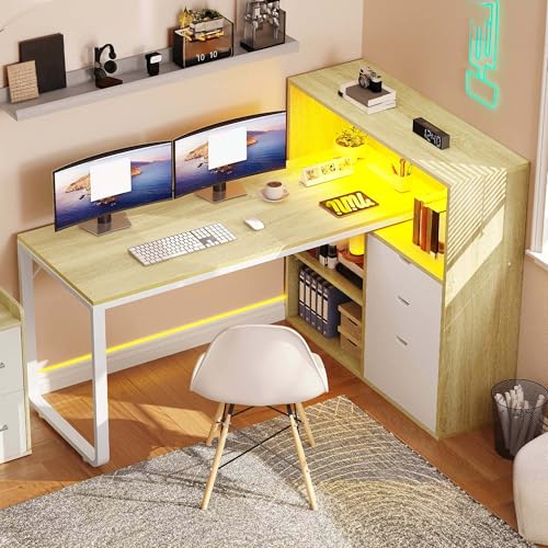 YITAHOME 55" L Shaped Corner Computer Desk with Drawers & Power, White Oak - color: White & Oak