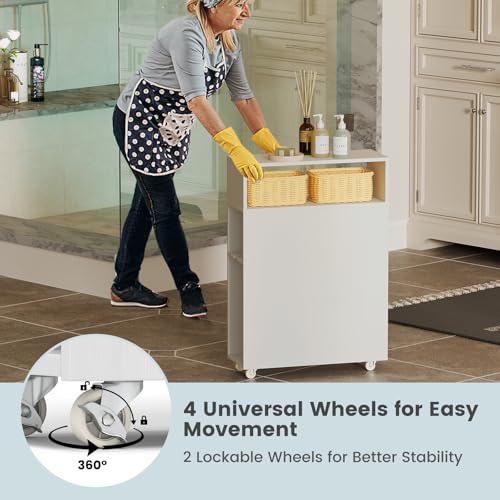 Tangkula Slim Bathroom Storage Cabinet, Movable Narrow Toilet Side Cabinet w/2 Slide Out Drawers, 2 Rattan Baskets & Shelves, Toilet Paper Holder on Wheels for Small Spaces