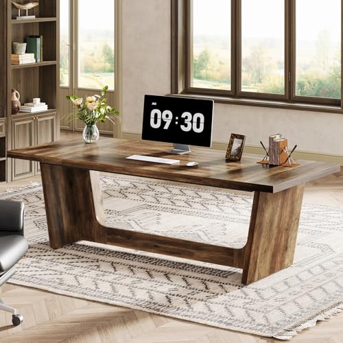 Tribesigns 70.87-Inch Executive Desk, Large Wood Desk for Home Office, Rustic Study Writing Table with Heavy-Duty Pedestal, Extra Long Business Workstation - color: Rustic Brown