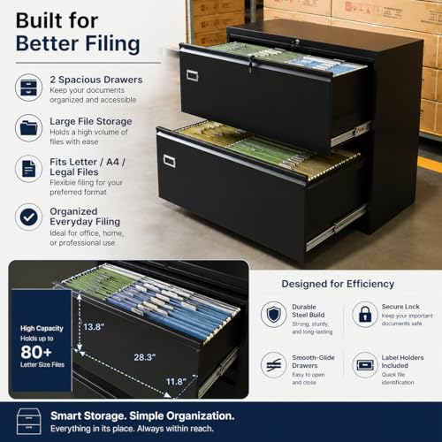 2 Drawer Lateral File Cabinet with Lock, Metal Filing Cabinet for Legal Letter and A4 Files, Black Cold Rolled Steel Office Storage Cabinet, Compact Lockable File Organizer - size: 2 Drawers