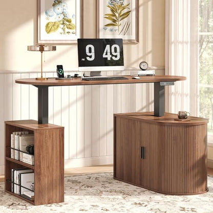 HSH Standing Office Desk with Storage, 60" Electric Standing Desk, Walnut | L Shaped Standing Computer Desks with Open Shelf, Executive Desk Height Adjustable Power Outlet, Stand Up Desk for Home