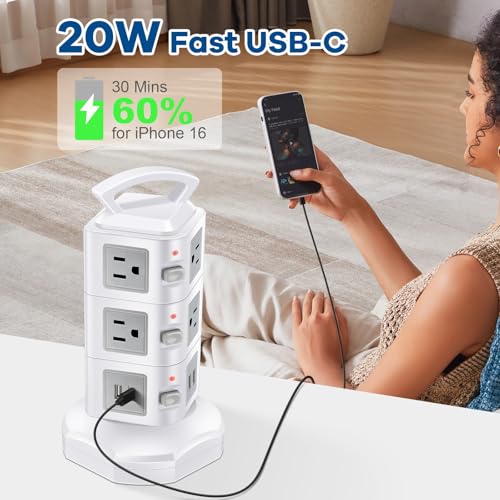 10-Outlet Power Strip USB C 20W Surge Protector | Retractable Extension Cord with 4 USB Ports | Desk Organizer Plug Outlet Extender | Charging Tower for Cell Phone, Computer, Electronic, Home, Office