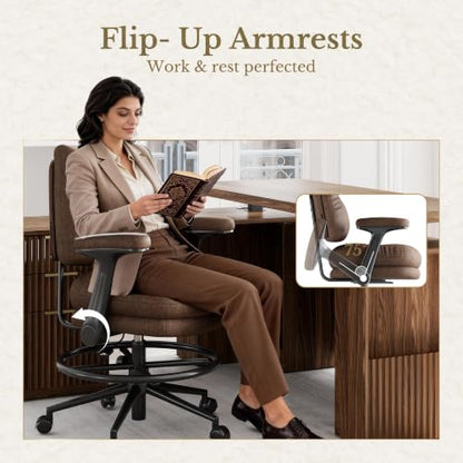 Drafting Chair, Tall Leather Office Desk Chair, Vintage Brown | Extra Thick Cushion, Padded Flip-Up Armrests, Mid-Back Cushioned Seat, 360° Swivel Rolling Computer Desk Chair - size: Extra Thick