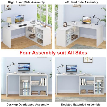 HSH White L Shaped Desk with Storage, Home Office Desk for Work, 55 Inch - color: White Oak