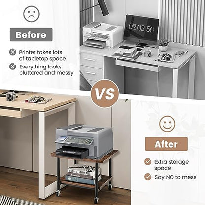 Tangkula 2-Tier Printer Stand, Under Desk Rolling Printer Cart - color: Rustic Brown, size: 2-Tier