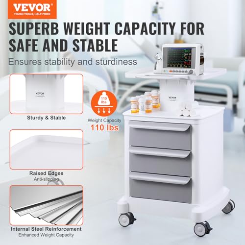 VEVOR 4 Tiers Lab Carts, Lab Utility Cart with 3 Drawers & 1 Top Tray, Mobile Medical Cart with ABS Material, Lab Rolling Cart with 4 Silent Wheels for Lab, Clinic, Hospital, Salon, White - color: White + Gray