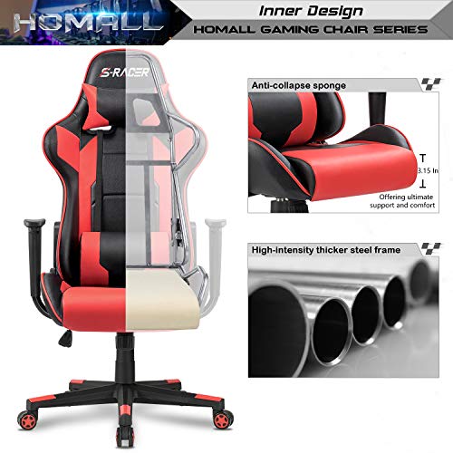 Homall Gaming Chair, Office Chair High Back Computer Chair Leather Desk Chair Racing Executive Ergonomic Adjustable Swivel Task Chair with Headrest and Lumbar Support (Red) - color: Red