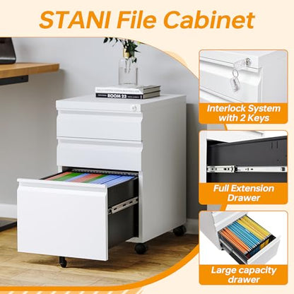 STANI Mobile File Cabinet with Lock Under Desk Metal Filing Legal/Letter File Folders Rolling Cabinet Metal File Cabinets Filing on Wheels with Drawers Assembly Required - color: White, size: 3 Drawers-Assembly Required