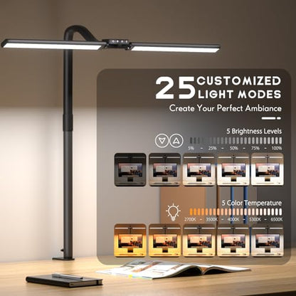 Quntis Desk Lamp for Home Office, 30.7'' Double Head Architect Desk Light with Clamp, 24W Bright 25 Lighting Modes Eye Care No Glare, Adjustable Gooseneck Task Lamp Workbench Reading Study, Gray