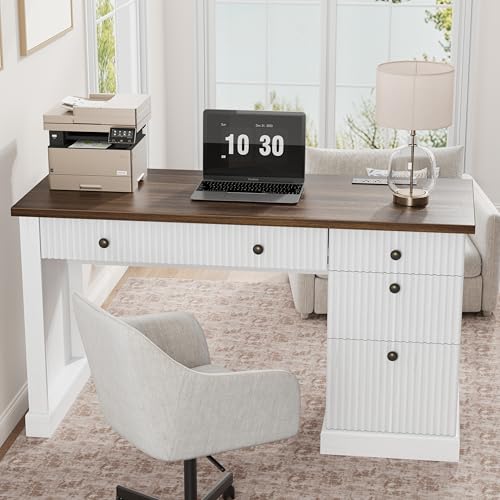 Garvee 54" Fluted Home Office Desk with File Drawer for Home Office - color: White, size: 21.6"D x 54"W x 30"H