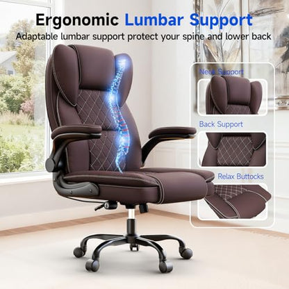 naspaluro Ergonomic Office Chair, Executive PU Leather Chair, Computer Desk Chair with Adjustable Lumbar Support Flip-up Arms, Executive Task Chair, Office Chairs for Home Office, Big and Tall, Brown - color: Brown