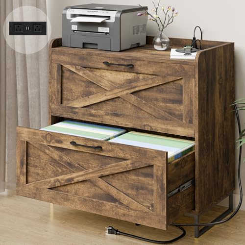 Vabches 2 Drawer Lateral File Cabinet with Charging Station, Rustic Brown - color: Brown