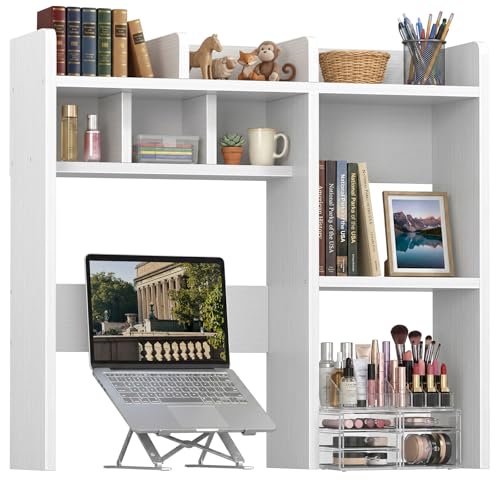NUTIKAS Desk Hutch White Desktop Bookshelf Shelf - 30 Inch Computer Desk Organizer for Dorm Room, Wood Storage Rack for Home Office Desktop Display Shelves, Small Bookcase for Top of Desk - size: 30 INCH