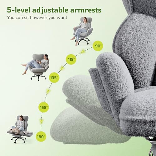 DurayLoly Big and Tall Office Chair with Footrest & Adjustable Armrests | 145° Reclining Backrest, Soft Teddy Fleece, Height Adjustable & 360° Swivel for Home Office, Bedroom - Grey - color: Grey