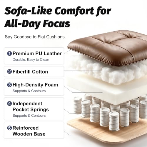 Efomao Executive Office Chair 400lbs,Brown Big and Tall Desk Chair | Mattress-grade pocket spring cushion, sleek leather, 135° recline & footrest for computer gaming setup. - color: 3084p-brown