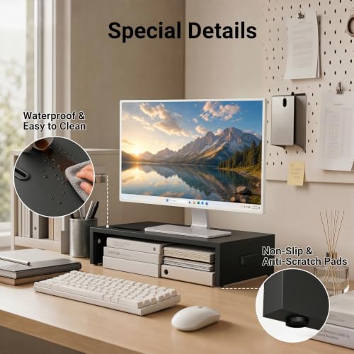 1home Monitor Stand Riser, 16.7 Inch Wood Monitor Riser Stand with Storage Organizer, Desktop Ergonomic Monitor Stand Riser with Cellphone Holder and Cable Management, Black | 16.7 Inch Wood Monitor Riser Stand, Desktop Stand for PC/TV/Laptop/Printer, Bla