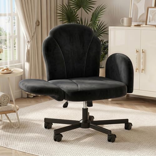 Bestier Criss Cross Office Chair with FILP-Up Armrests, Black Velvet | Rocking Recline,Swivel Makeup Vanity Chair with 5-Level Folding Armrest, Cross Legged Desk, Adjustable Height Swivel Chair - color: Black Velvet