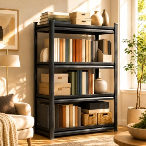 Heavy Duty 4 Tier Metal Book Shelf Adjustable Bookcase | 2400 LBS Bolt-free Storage Shelves with Deep Bookshelf for living Room, Office and Garage Storage, 14"Wx 12"Dx 44"H - size: 4Tier-14"Wx 12"Dx 44"H