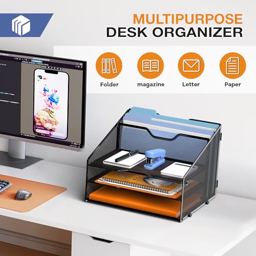 GAWERK Letter Tray Organizer, Mesh Desk File Organizer with 3 Paper Trays and 2 Vertical Upright Section (White) - color: White