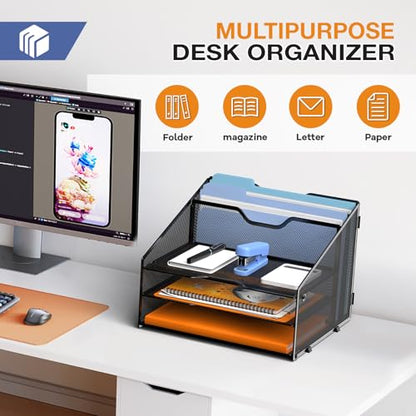 GAWERK Letter Tray Organizer, Mesh Desk File Organizer with 3 Paper Trays and 2 Vertical Upright Section (White) - color: White