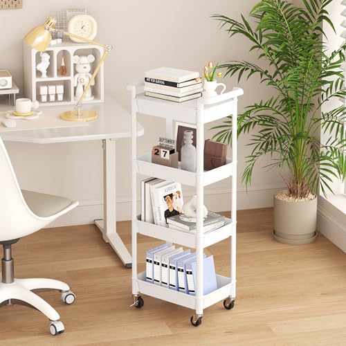 MIOCASA Utility Rolling Cart with Detachable Tray Top, 4-Tier Kitchen Storage Organization, Art Cart with Wheels for Office, Classroom, Livingroom, Kitchen, Bathroom (White, 4-Tier-Plastic) - size: 4-Tier, style: White