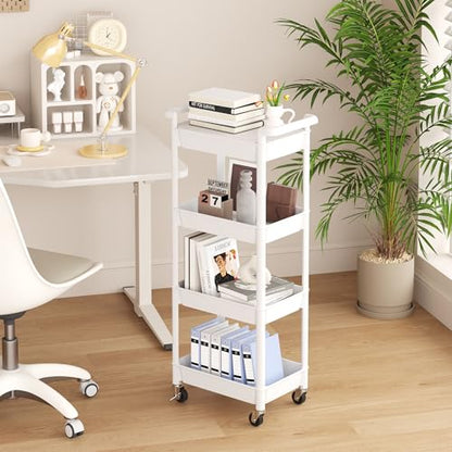 MIOCASA Utility Rolling Cart with Detachable Tray Top, 4-Tier Kitchen Storage Organization, Art Cart with Wheels for Office, Classroom, Livingroom, Kitchen, Bathroom (White, 4-Tier-Plastic) - size: 4-Tier, style: White