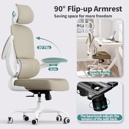 TRALT Office Chair Ergonomic Desk Chair - Gaming Chair with Lumbar Support | 330 LBS Home Office Desk Chairs with Headrest, Reading Chair with Flip-up Armrests, Comfortable Computer Chairs (1, Khaki) - color: Khaki