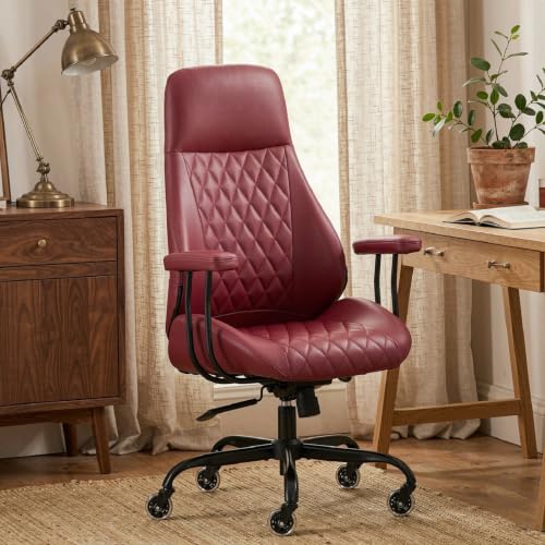 E-Motie Leather Office Chair, Mid Century Modern Desk Chair, Red - color: Red