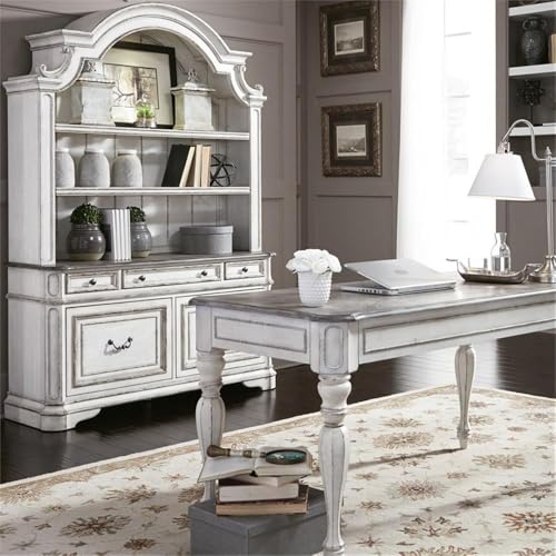 Ashford & Sons White Credenza Desk, Antique Finish, Rubberwood Solids and Oak/Birch Veneers, Weathered Brown Top, Dovetail Construction, File and Storage Drawers, Antique Pewter Hardware, Office - size: Filing Credenza