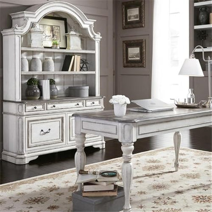 Ashford & Sons White Credenza Desk, Antique Finish, Rubberwood Solids and Oak/Birch Veneers, Weathered Brown Top, Dovetail Construction, File and Storage Drawers, Antique Pewter Hardware, Office - size: Filing Credenza