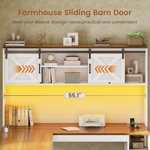 SEDETA 67" Farmhouse L Shaped Desk with Hutch, White+Brown - color: White and Brown, size: L Shaped Desk with Hutch (67")