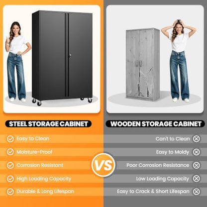 Deep & Wide Rolling Garage Cabinets, Metal Storage Cabinet with Wheel - color: Black, size: 71"H x 43.3"W x 20"D-E