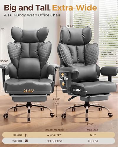 COMHOMA Big and Tall Office Chair Heavy Duty Gaming Chair with Deluxe Embossing Leather High Back Wider Ergonomic Computer Chair with Foot Rest 145°Reclining Pocket Spring Lumbar Support - color: Warm Gray